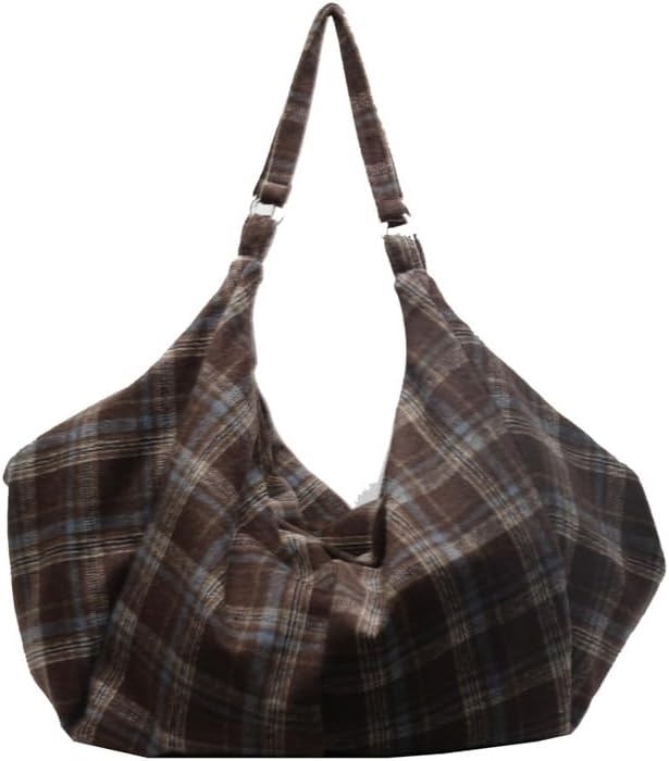 Plaid Tote Bag for Women Large Hobo Shoulder Bag Lightweight Slouchy Handbag for Work Travel