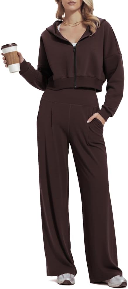 Mudere 2 Piece Sets for Women Fall Travel Outfits Long Sleeve Tracksuit High Waist Wide Leg Pants Zip Sweatsuit Matching Set