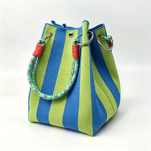 Boho Woven Polyester Bucket Bag, Handmade Knitted Crochet Shoulder Bag for Travel and Beach