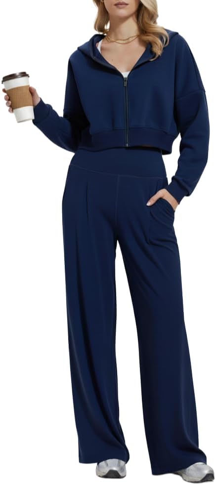 Mudere 2 Piece Sets for Women Fall Travel Outfits Long Sleeve Tracksuit High Waist Wide Leg Pants Zip Sweatsuit Matching Set