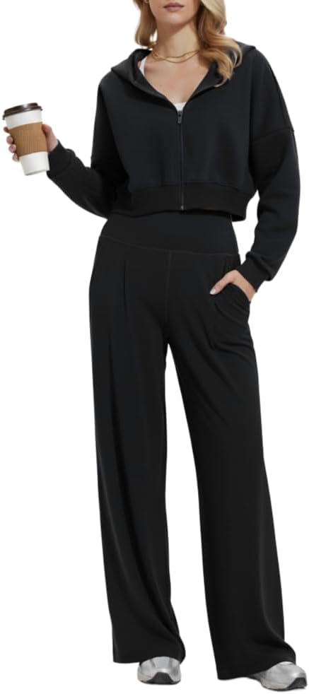 Mudere 2 Piece Sets for Women Fall Travel Outfits Long Sleeve Tracksuit High Waist Wide Leg Pants Zip Sweatsuit Matching Set