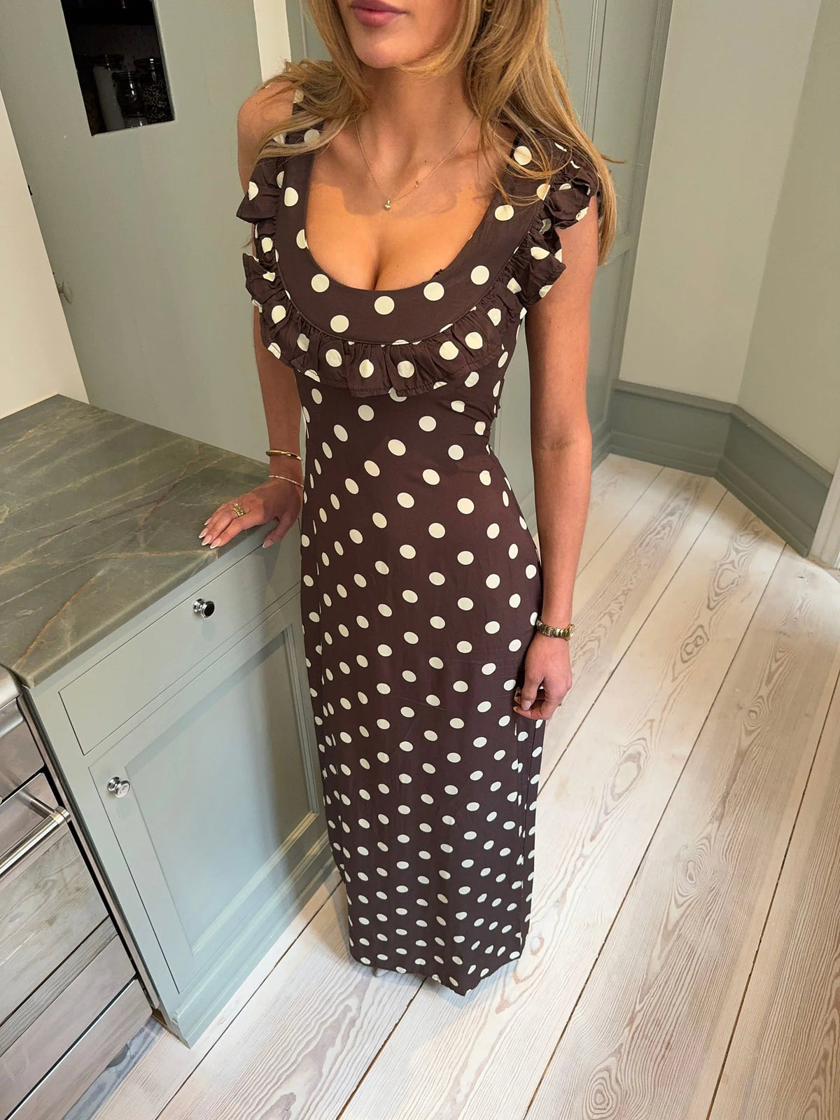 Luna Polka Dot Maxi Dress - Brown and Yellow Feminine Prom and Evening Gown