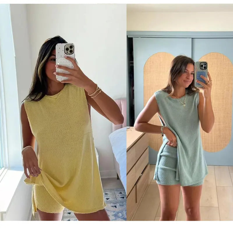 Women's 2 Piece Summer Knit Sweater Set - Sleeveless Tunic Top and Matching Shorts