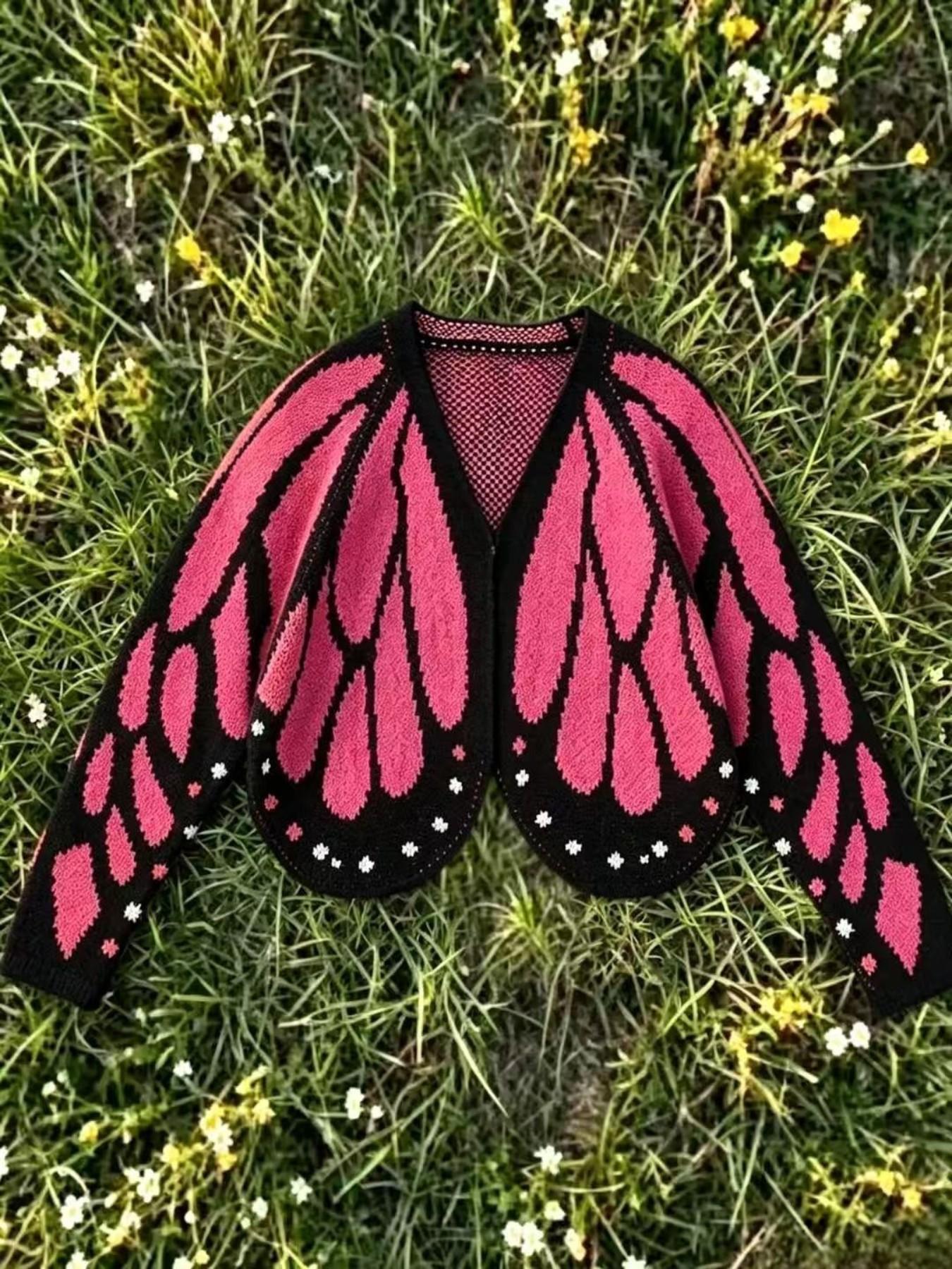 Women's Trendy Butterfly Wings Knit Cardigan, V-Neck Bat Sleeve Short Fashion Coat