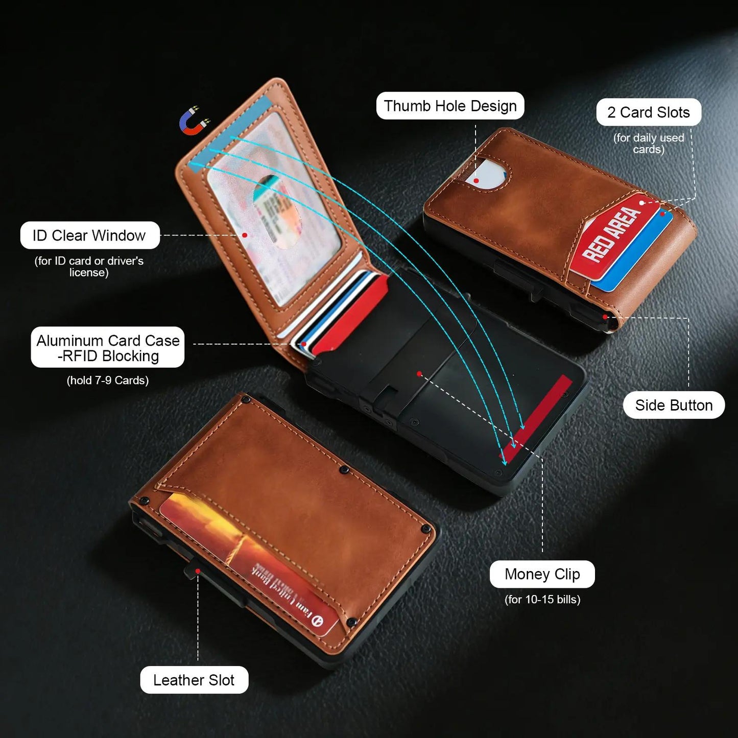 Premium Full-Grain Leather Slim Wallet with Money Clip, RFID-Blocking Aluminum Pop-Up Card Holder