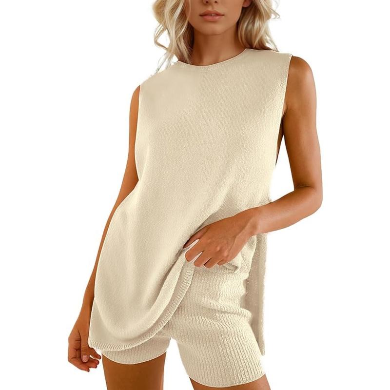 Women's 2 Piece Summer Knit Sweater Set - Sleeveless Tunic Top and Matching Shorts