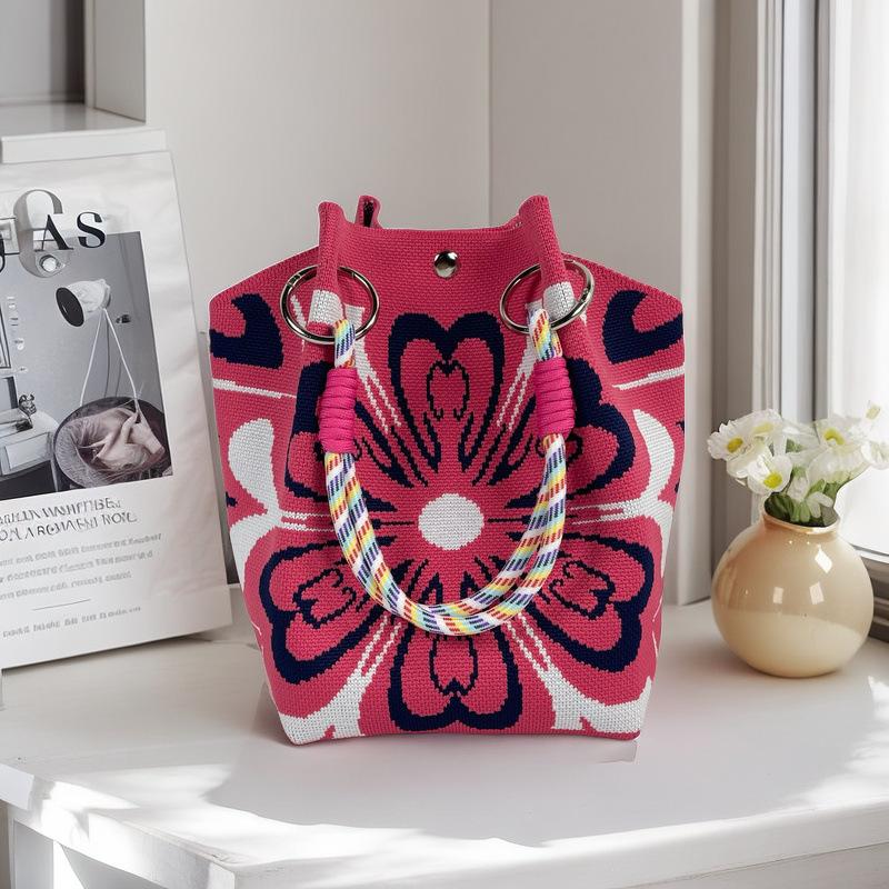Boho Woven Polyester Bucket Bag, Handmade Knitted Crochet Shoulder Bag for Travel and Beach