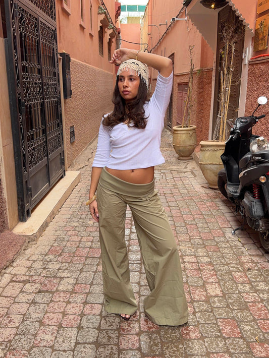Parachute Pants with Ribbed Waist - Khaki Green Cotton Blend