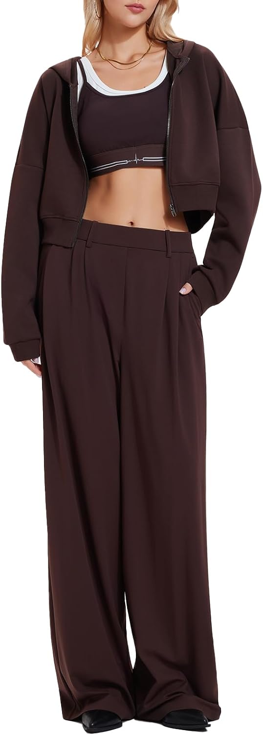 Airfree Tall Women's 2 Piece Outfits Spring Airport Cropped Hoodie Long Wide Leg Pants Sets Travel Lounge Sets Work Sweatsuit