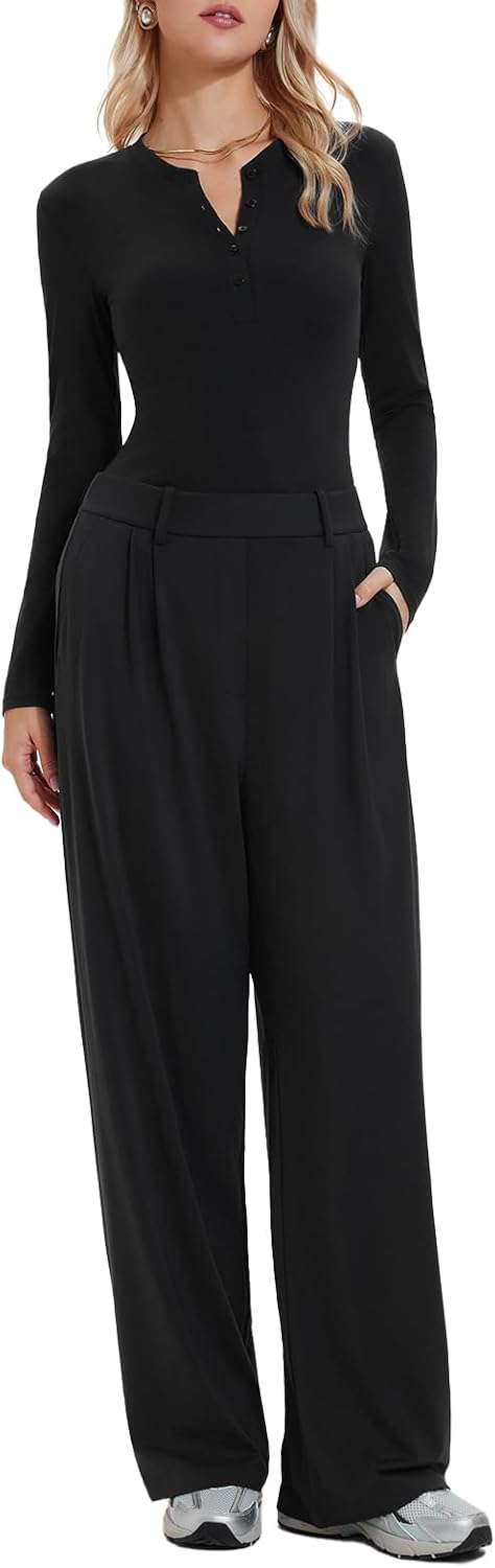 Airfree Women's 2 Piece Matching Lounge Set Long Sleeve Henley Tops Wide Leg Pants Sets with Pockets Slim Fit Tracksuit