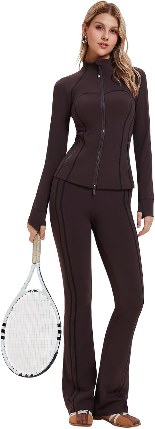 Women's 2 Piece Tracksuit Set - Full Zip Jacket with Thumbholes and High Waisted Flare Leggings