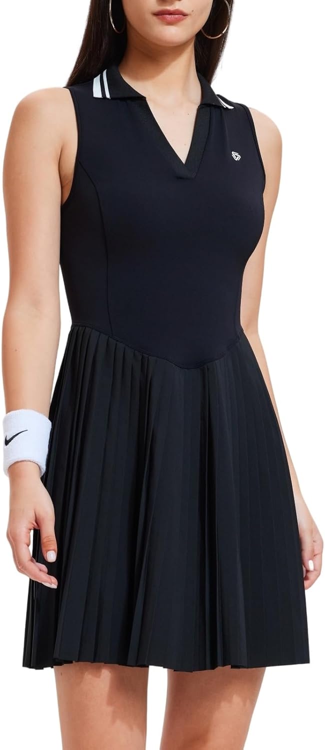 AFZ Women Pleated Golf Casual Polo Dress with Shorts V Neck Tennis Pickleball Athletic Outfits