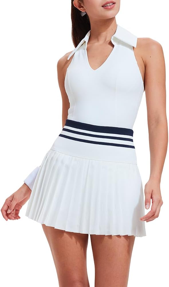 Two Piece Tennis Skirt Set for Women Racerback Color Block High Waisted Pleated Golf Outfits