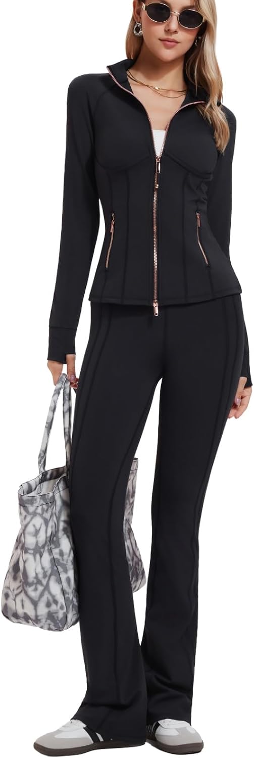 AFZ Women's Bodycon Two Piece Tracksuit Zip-Up Sweat Set with Contrast Striped Flared Joggers Travel Suit