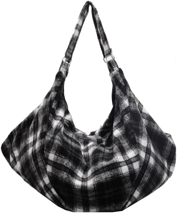 Plaid Tote Bag for Women Large Hobo Shoulder Bag Lightweight Slouchy Handbag for Work Travel