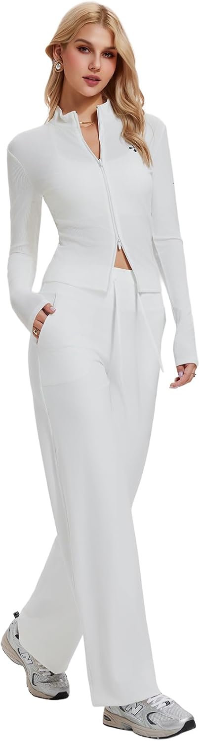 Tall Women's 2 Piece Matching Lounge Set Y2K Zip Jacket and High Waist Pants