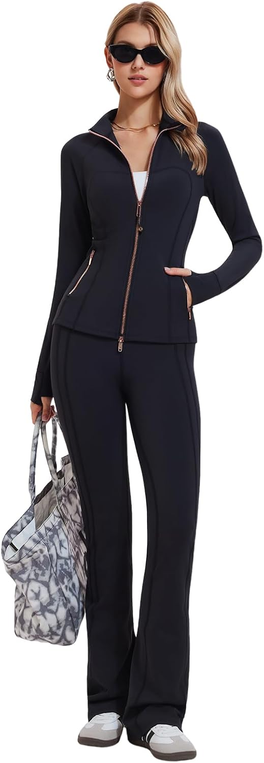 Women's 2 Piece Tracksuit Set - Full Zip Jacket with Thumbholes and High Waisted Flare Leggings