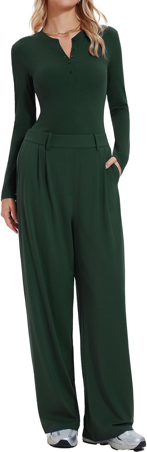 Airfree Women's 2 Piece Matching Lounge Set Long Sleeve Henley Tops Wide Leg Pants Sets with Pockets Slim Fit Tracksuit