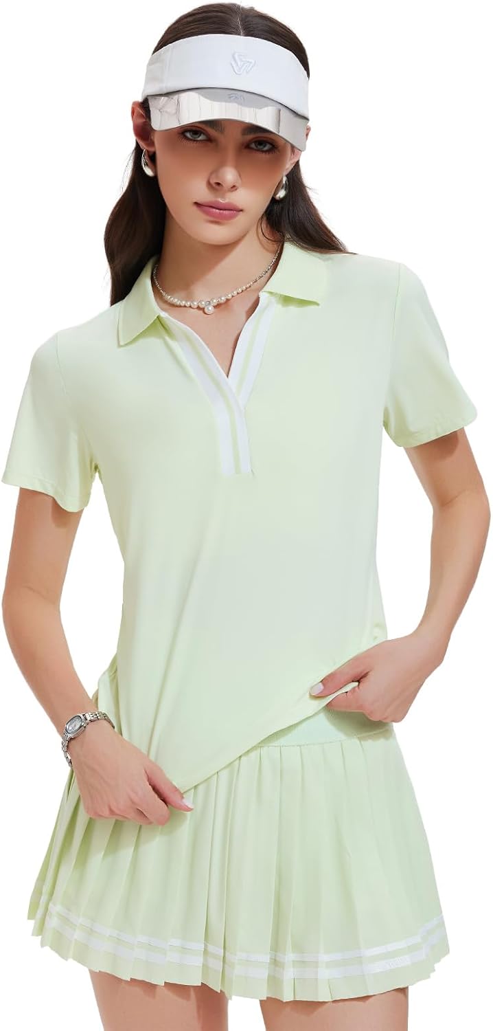 Women's 2 Piece Pleated Tennis Skirt Set - V-Neck Polo Athletic Outfit with Pockets