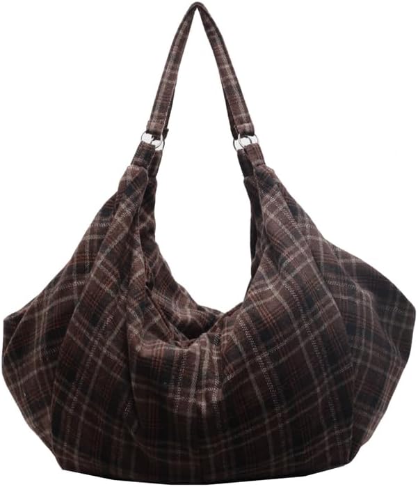 Plaid Tote Bag for Women Large Hobo Shoulder Bag Lightweight Slouchy Handbag for Work Travel