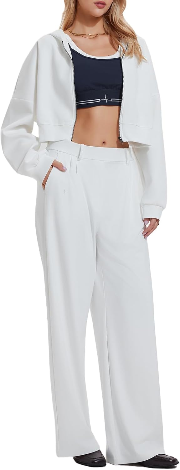 Airfree Tall Women's 2 Piece Outfits Spring Airport Cropped Hoodie Long Wide Leg Pants Sets Travel Lounge Sets Work Sweatsuit