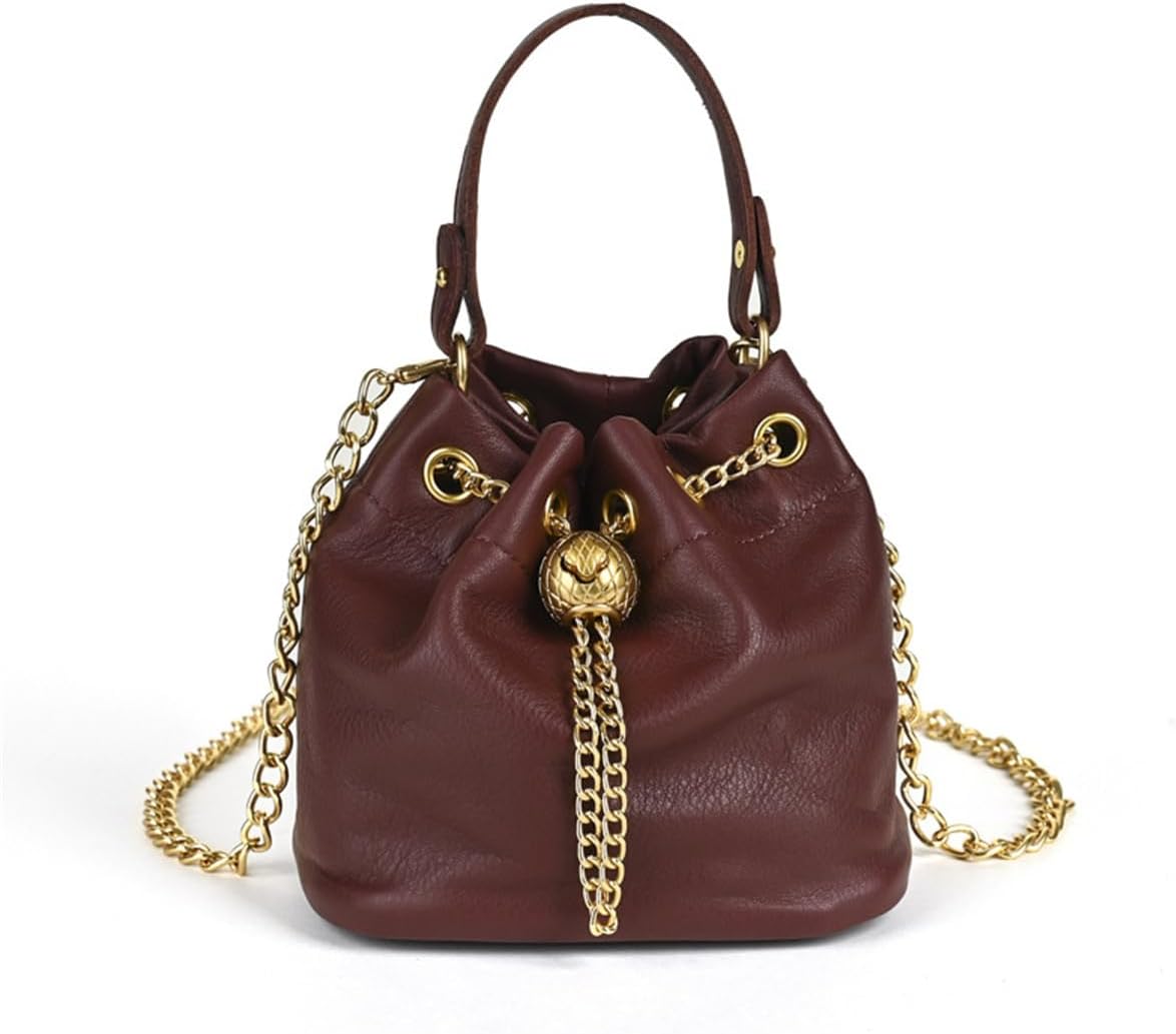 Genuine Leather Bucket Bag with Gold-Tone Chain Strap and Quilted Detail