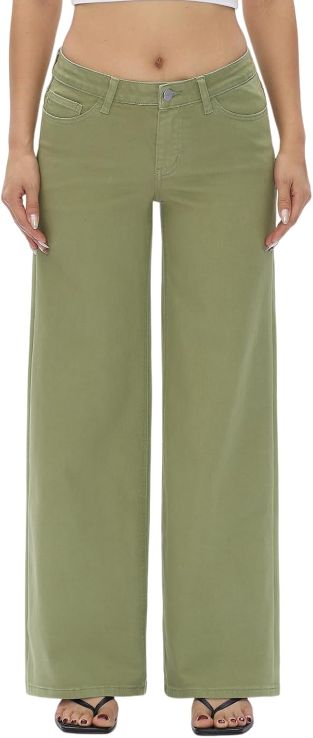 Mid-Low Rise Baggy Jeans Wide Leg for Women Distressed Stretchy Denim Pants