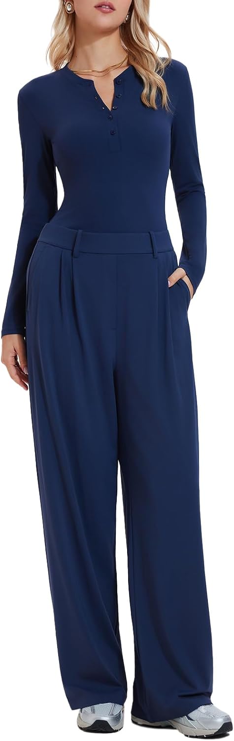 Airfree Women's 2 Piece Matching Lounge Set Long Sleeve Henley Tops Wide Leg Pants Sets with Pockets Slim Fit Tracksuit