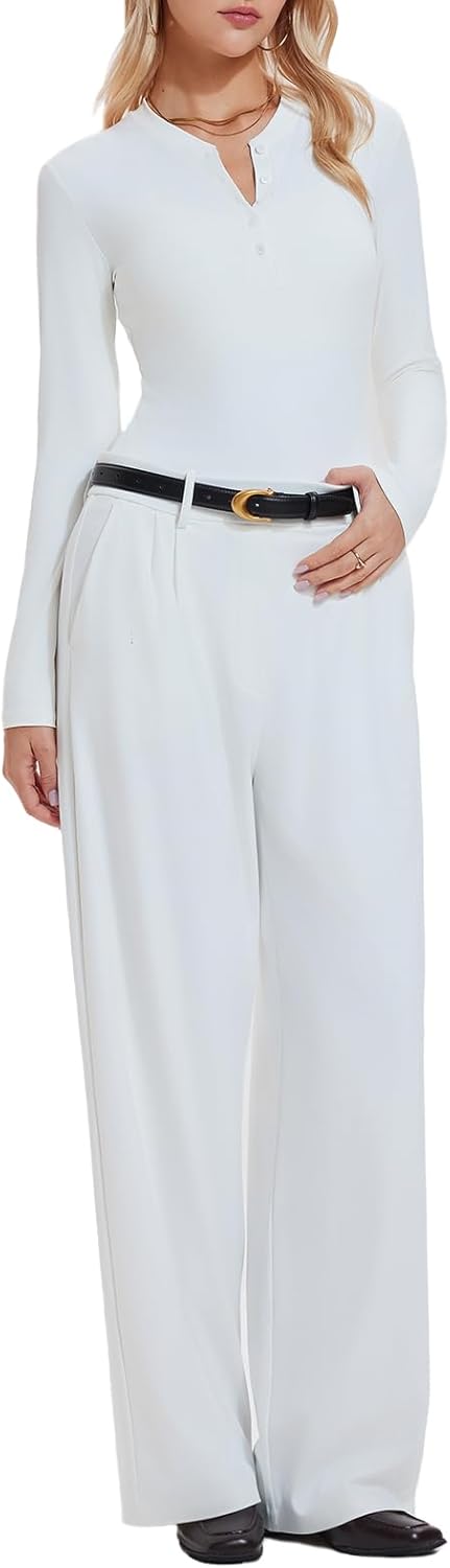 Airfree Women's 2 Piece Matching Lounge Set Long Sleeve Henley Tops Wide Leg Pants Sets with Pockets Slim Fit Tracksuit