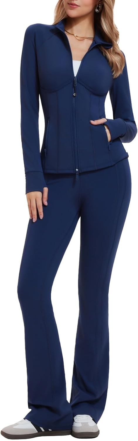 AFZ Women's Bodycon Two Piece Tracksuit Zip-Up Sweat Set with Contrast Striped Flared Joggers Travel Suit