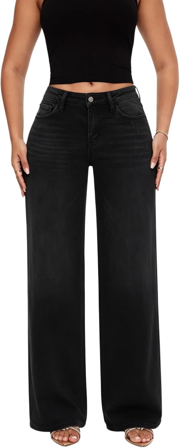 Mid-Low Rise Baggy Jeans Wide Leg for Women Distressed Stretchy Denim Pants