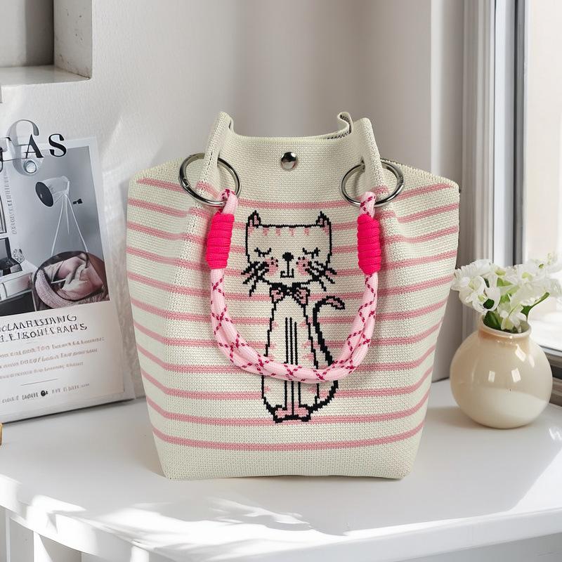 Boho Woven Polyester Bucket Bag, Handmade Knitted Crochet Shoulder Bag for Travel and Beach
