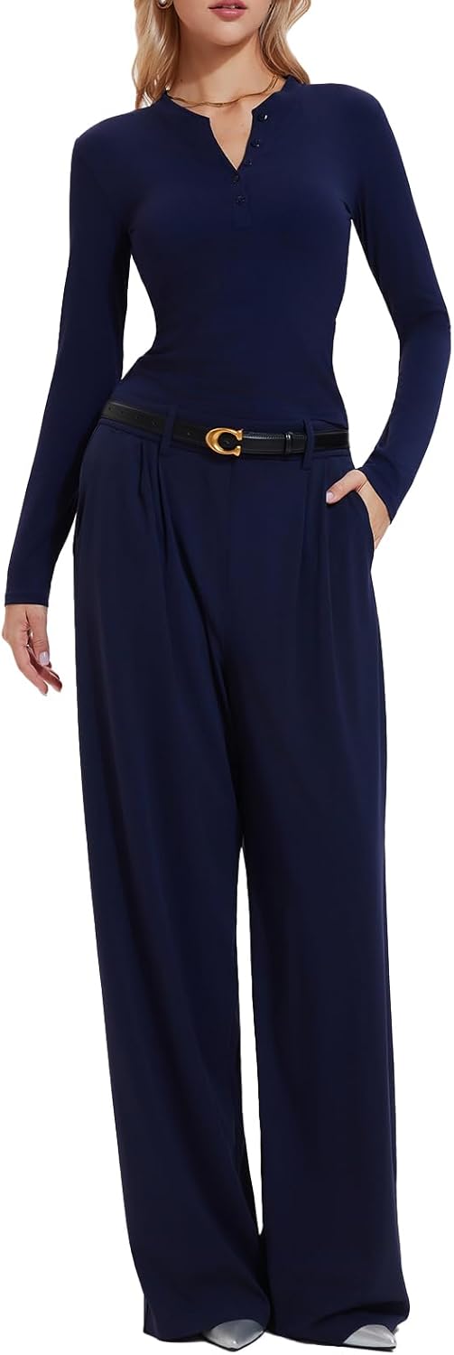 Airfree Women's 2 Piece Matching Lounge Set Long Sleeve Henley Tops Wide Leg Pants Sets with Pockets Slim Fit Tracksuit