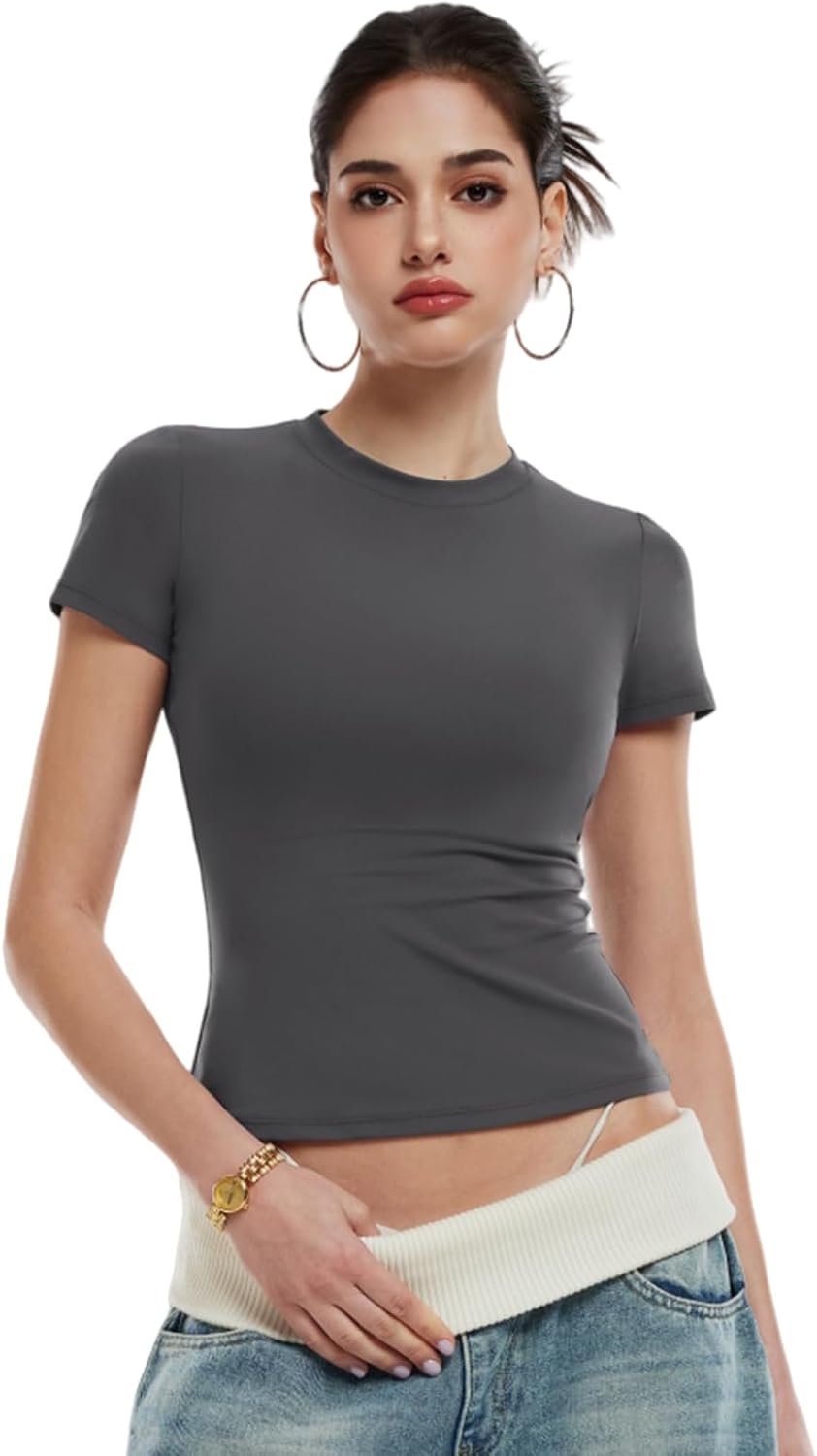 Women's Short Sleeve Compression Workout Top - Slim Fit Non See Through Y2K Tee