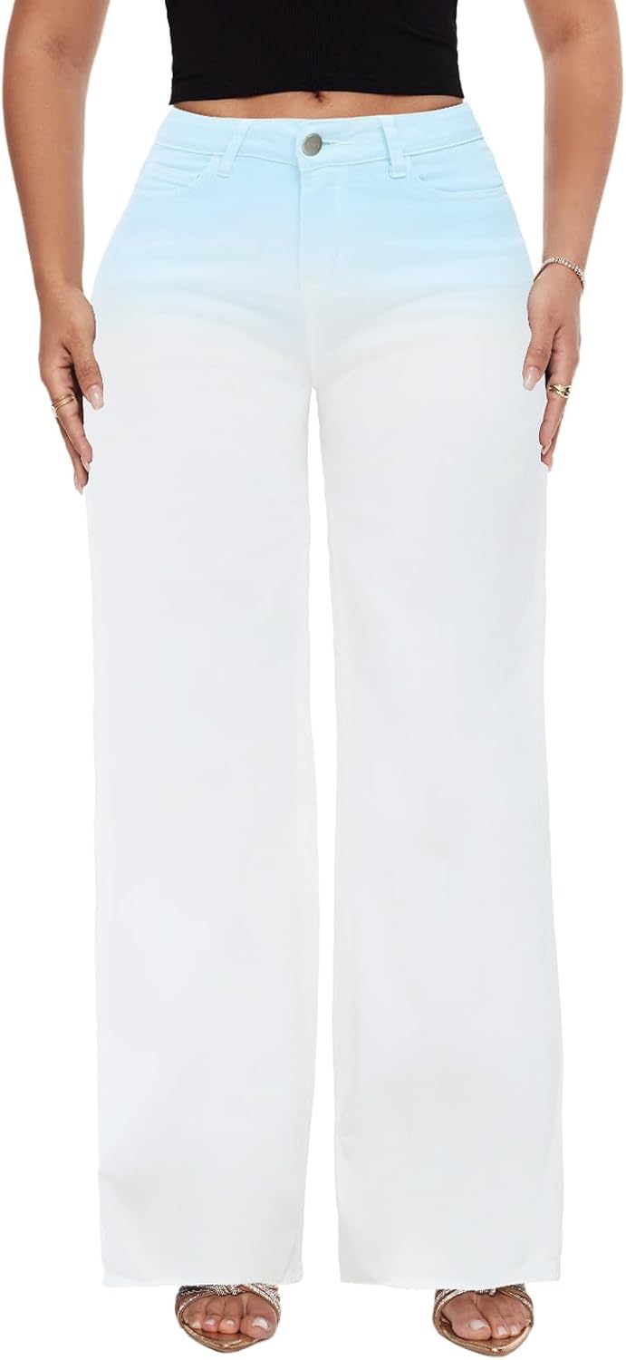 Mid-Low Rise Baggy Jeans Wide Leg for Women Distressed Stretchy Denim Pants