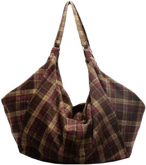 Plaid Tote Bag for Women Large Hobo Shoulder Bag Lightweight Slouchy Handbag for Work Travel
