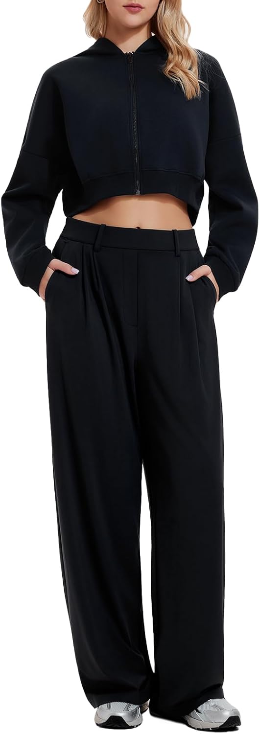 Airfree Tall Women's 2 Piece Outfits Spring Airport Cropped Hoodie Long Wide Leg Pants Sets Travel Lounge Sets Work Sweatsuit