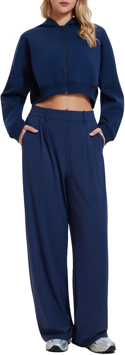 Airfree Tall Women's 2 Piece Outfits Spring Airport Cropped Hoodie Long Wide Leg Pants Sets Travel Lounge Sets Work Sweatsuit