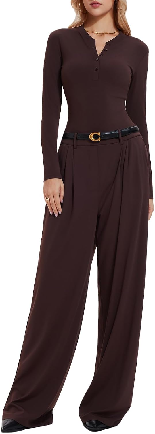 Airfree Women's 2 Piece Matching Lounge Set Long Sleeve Henley Tops Wide Leg Pants Sets with Pockets Slim Fit Tracksuit
