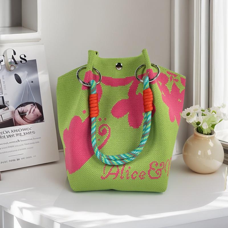 Boho Woven Polyester Bucket Bag, Handmade Knitted Crochet Shoulder Bag for Travel and Beach