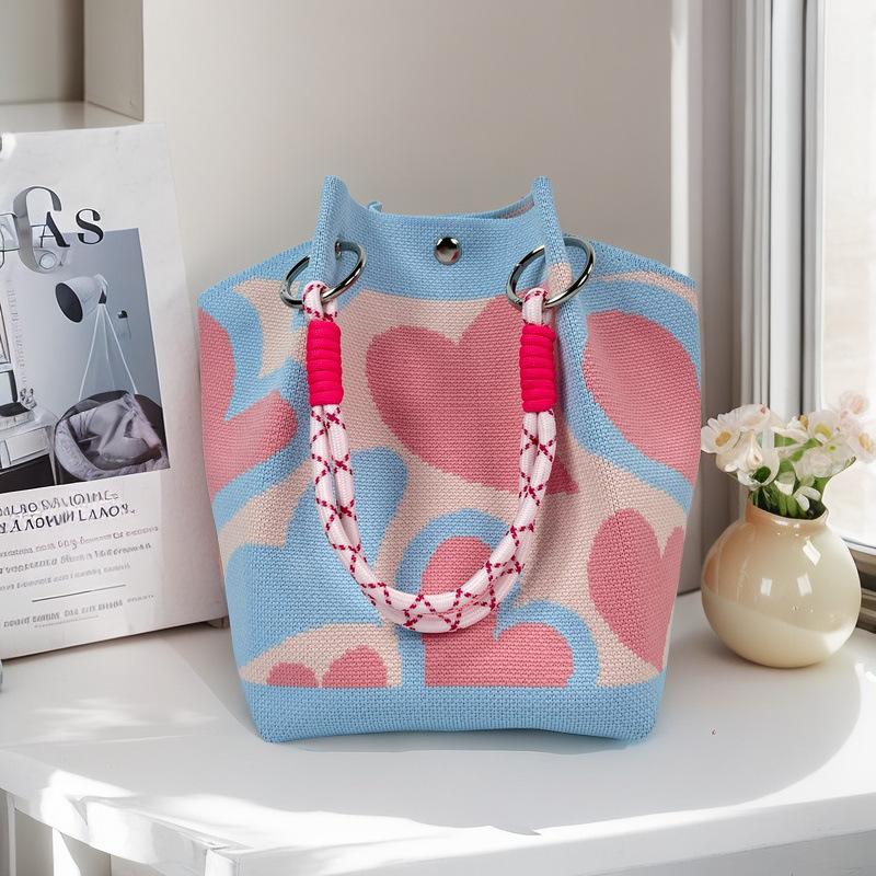 Boho Woven Polyester Bucket Bag, Handmade Knitted Crochet Shoulder Bag for Travel and Beach