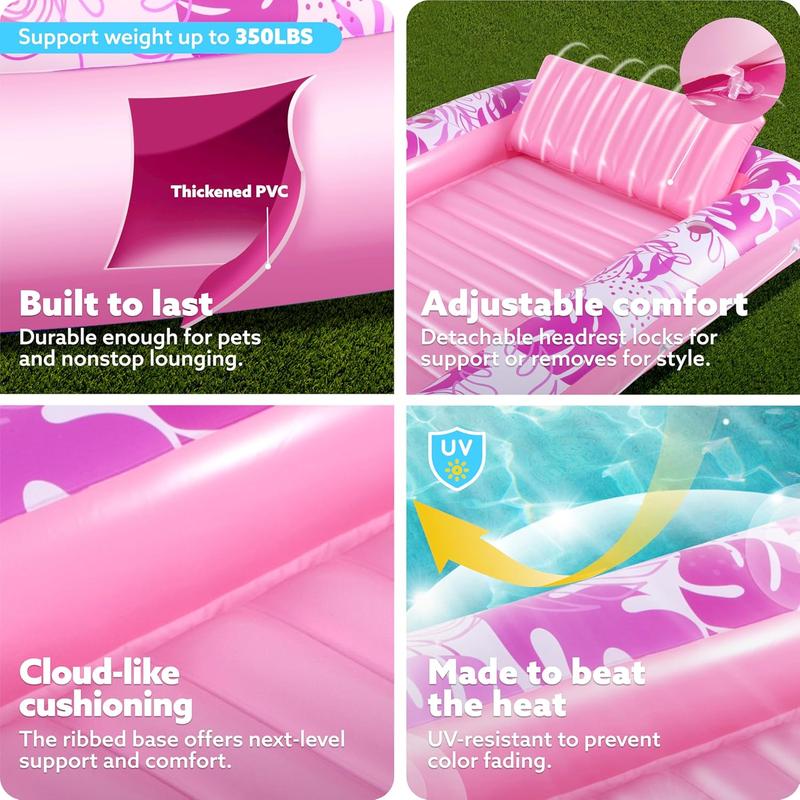 Extra Large Inflatable Tanning Pool Lounge Float with Cup Holder and Pillow, 4-in-1 Sunbathing Bed