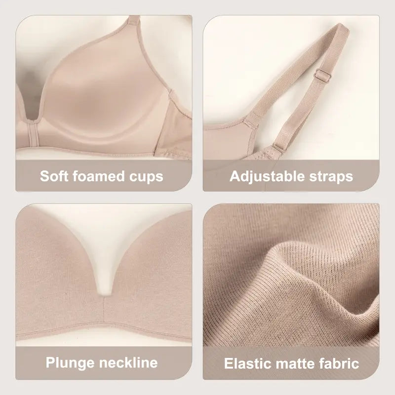 3 Pieces Lightly Lined Wireless Bras for Women, Comfy Plunge T-Shirt Bra Pack for Everyday & Bridal
