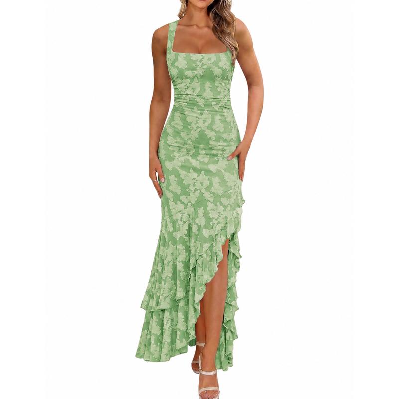Chic Floral Embroidery Mermaid Maxi Dress - Sexy Square Neck Ruched Bodycon Gown
