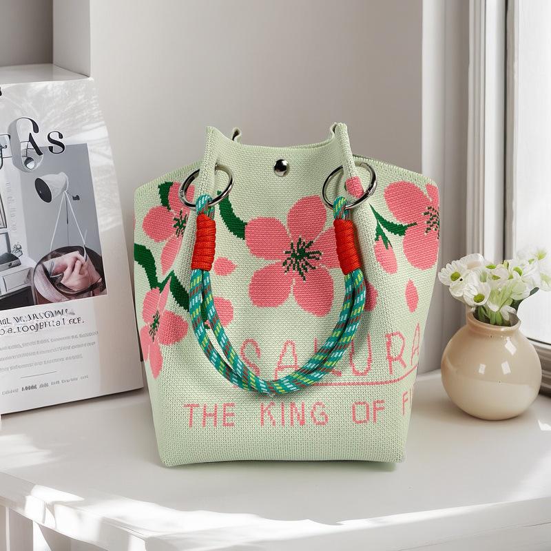 Boho Woven Polyester Bucket Bag, Handmade Knitted Crochet Shoulder Bag for Travel and Beach
