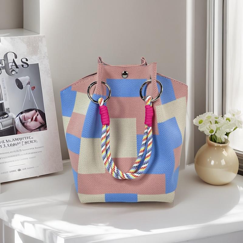 Boho Woven Polyester Bucket Bag, Handmade Knitted Crochet Shoulder Bag for Travel and Beach