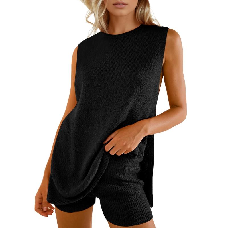Women's 2 Piece Summer Knit Sweater Set - Sleeveless Tunic Top and Matching Shorts