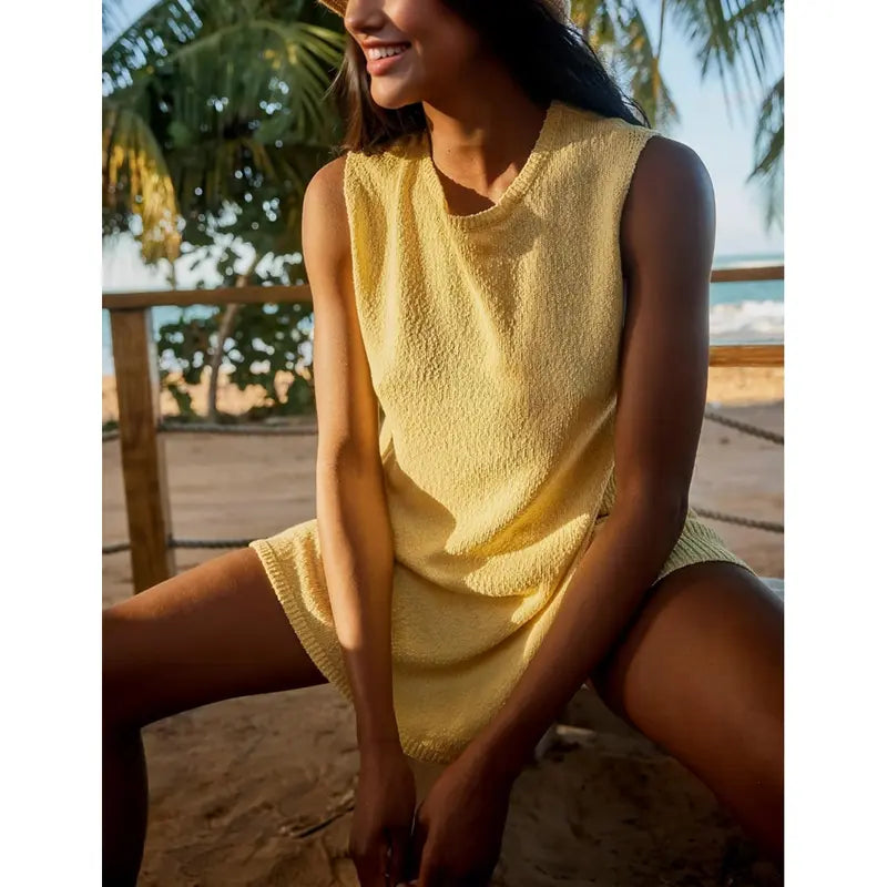 Women's 2 Piece Summer Knit Sweater Set - Sleeveless Tunic Top and Matching Shorts