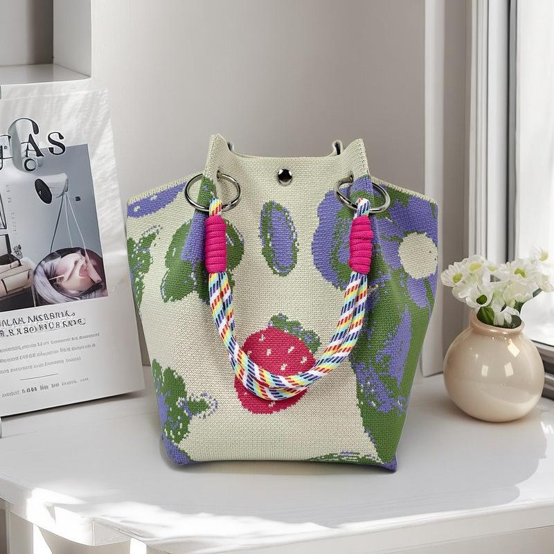 Boho Woven Polyester Bucket Bag, Handmade Knitted Crochet Shoulder Bag for Travel and Beach