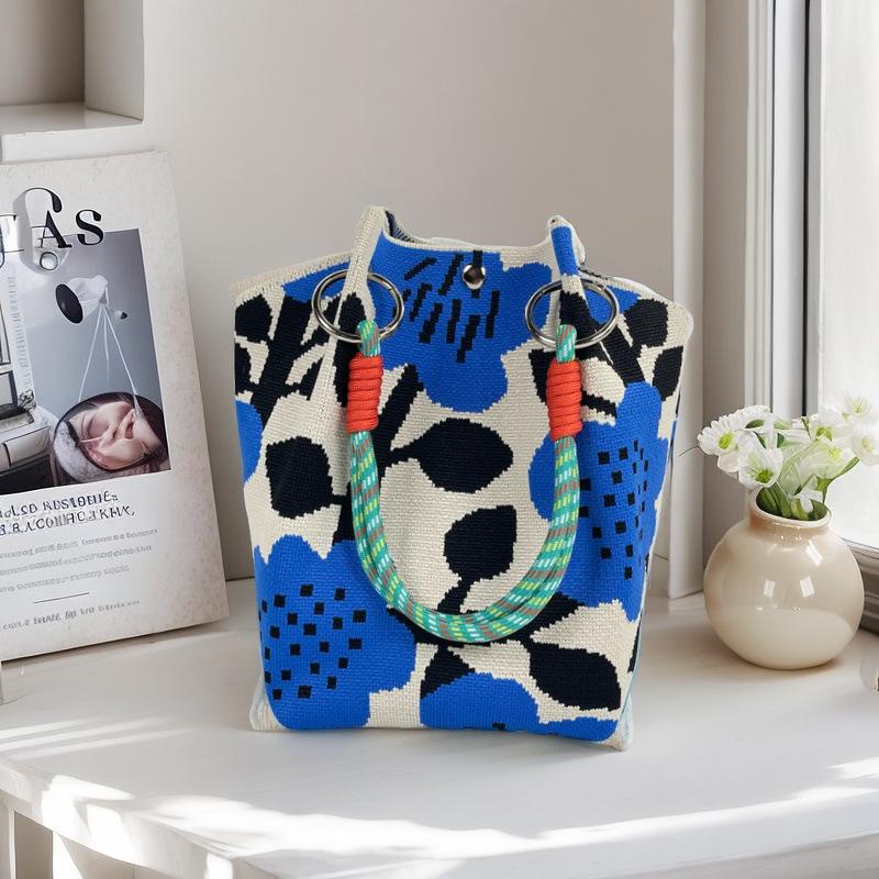 Boho Woven Polyester Bucket Bag, Handmade Knitted Crochet Shoulder Bag for Travel and Beach